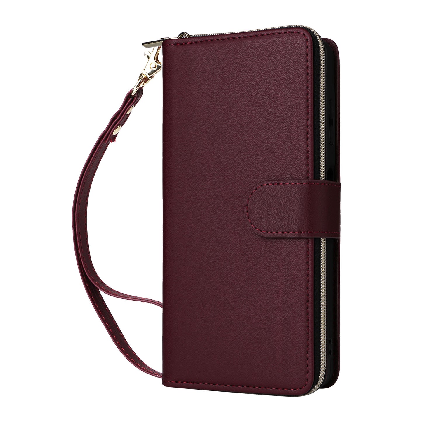R20 For Samsung Galaxy A06 Case Zipper Pocket PU Leather Cover with 9 Card Slots - Wine Red