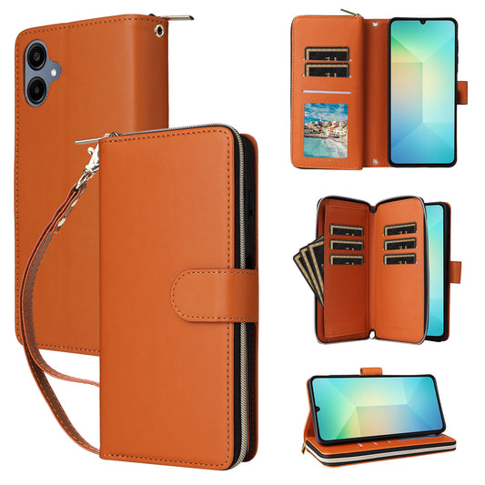 R20 For Samsung Galaxy A06 Case Zipper Pocket PU Leather Cover with 9 Card Slots - Brown