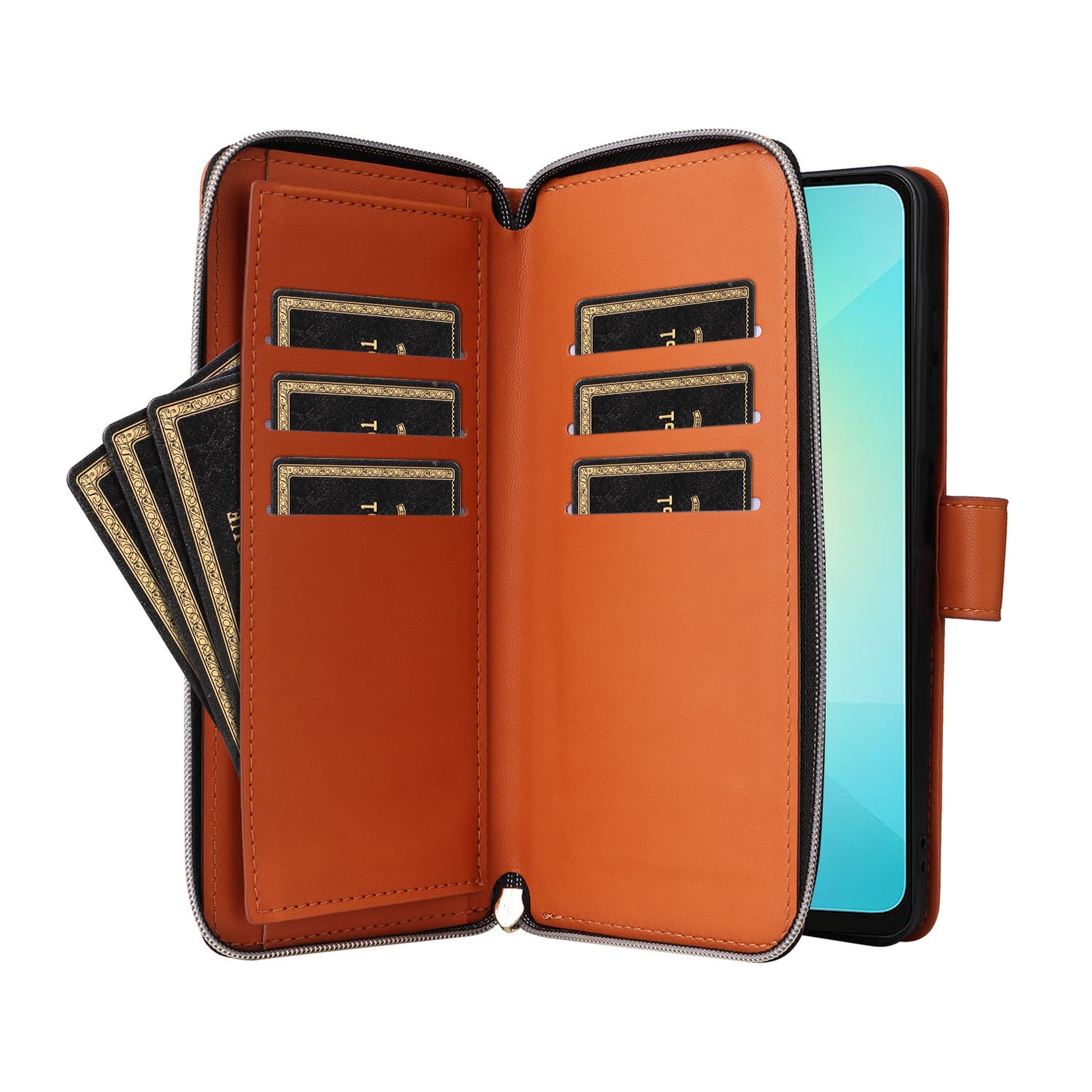 R20 For Samsung Galaxy A06 Case Zipper Pocket PU Leather Cover with 9 Card Slots - Brown