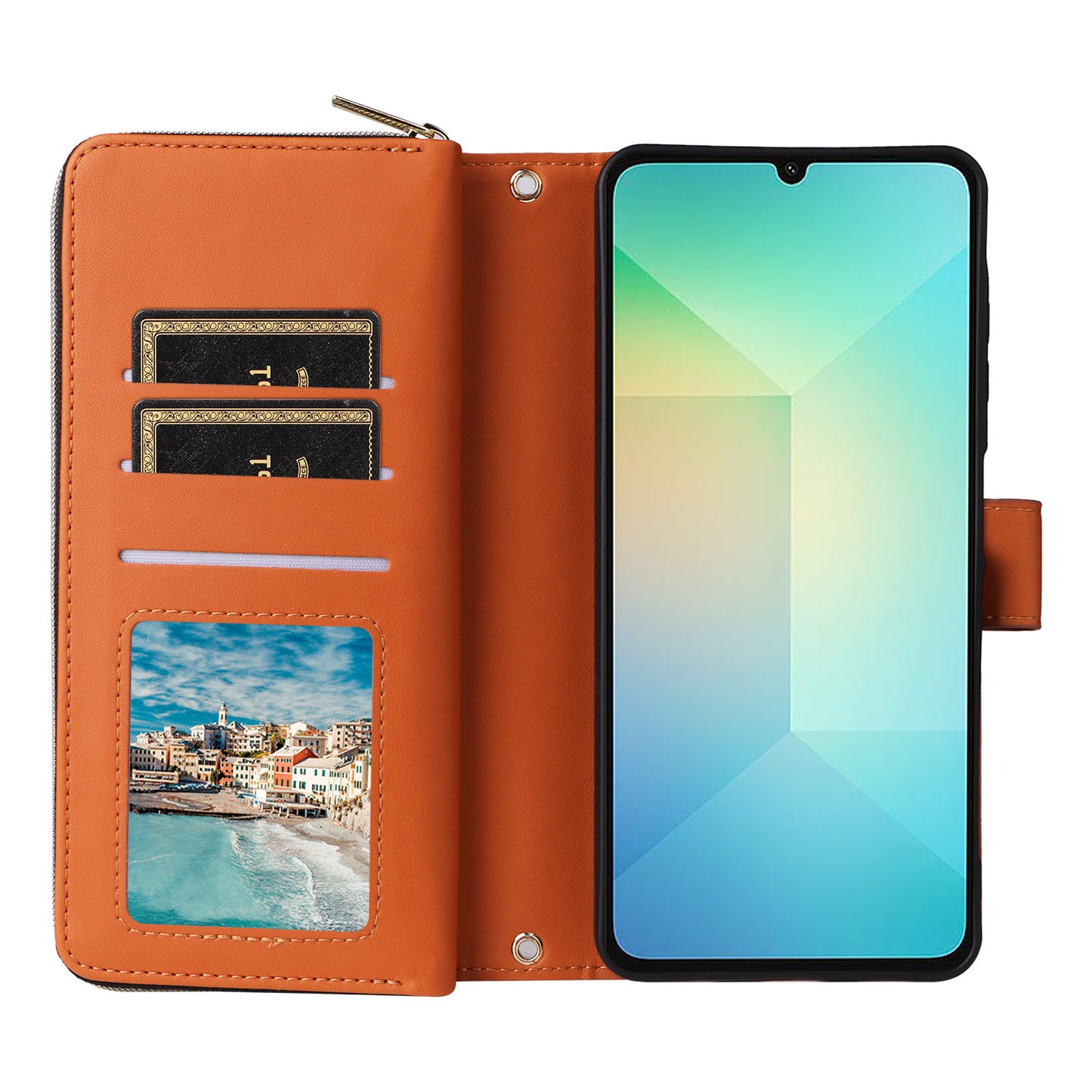 R20 For Samsung Galaxy A06 Case Zipper Pocket PU Leather Cover with 9 Card Slots - Brown