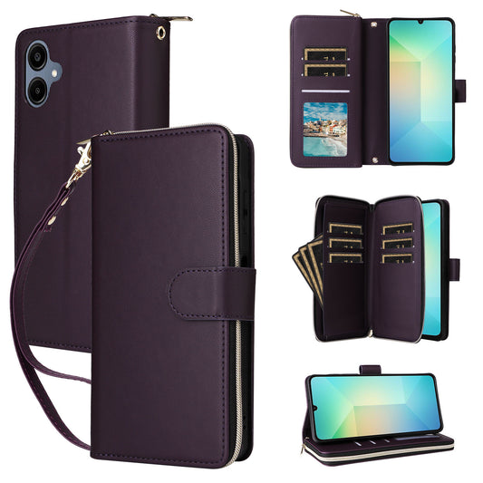 R20 For Samsung Galaxy A06 Case Zipper Pocket PU Leather Cover with 9 Card Slots - Dark Purple