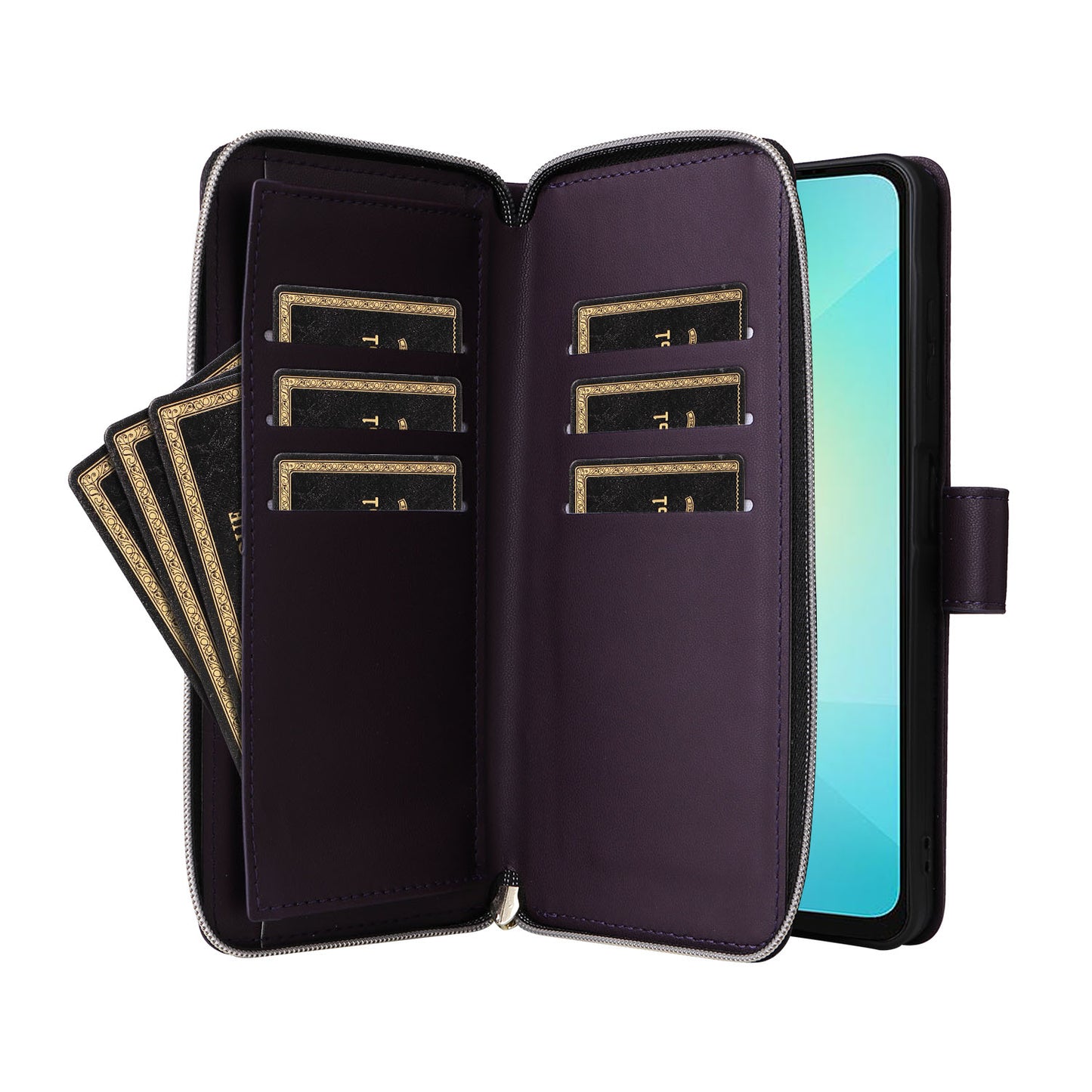 R20 For Samsung Galaxy A06 Case Zipper Pocket PU Leather Cover with 9 Card Slots - Dark Purple