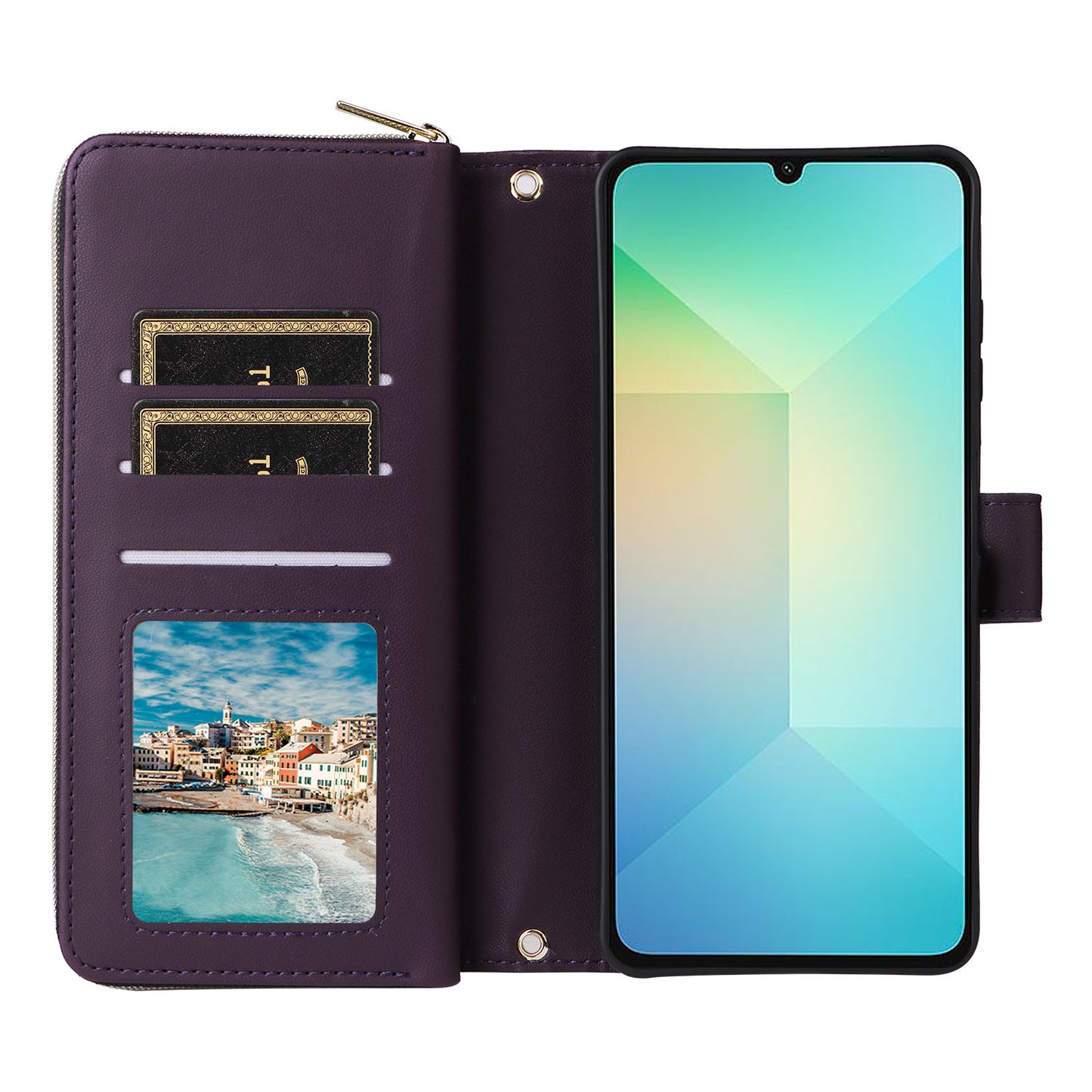R20 For Samsung Galaxy A06 Case Zipper Pocket PU Leather Cover with 9 Card Slots - Dark Purple