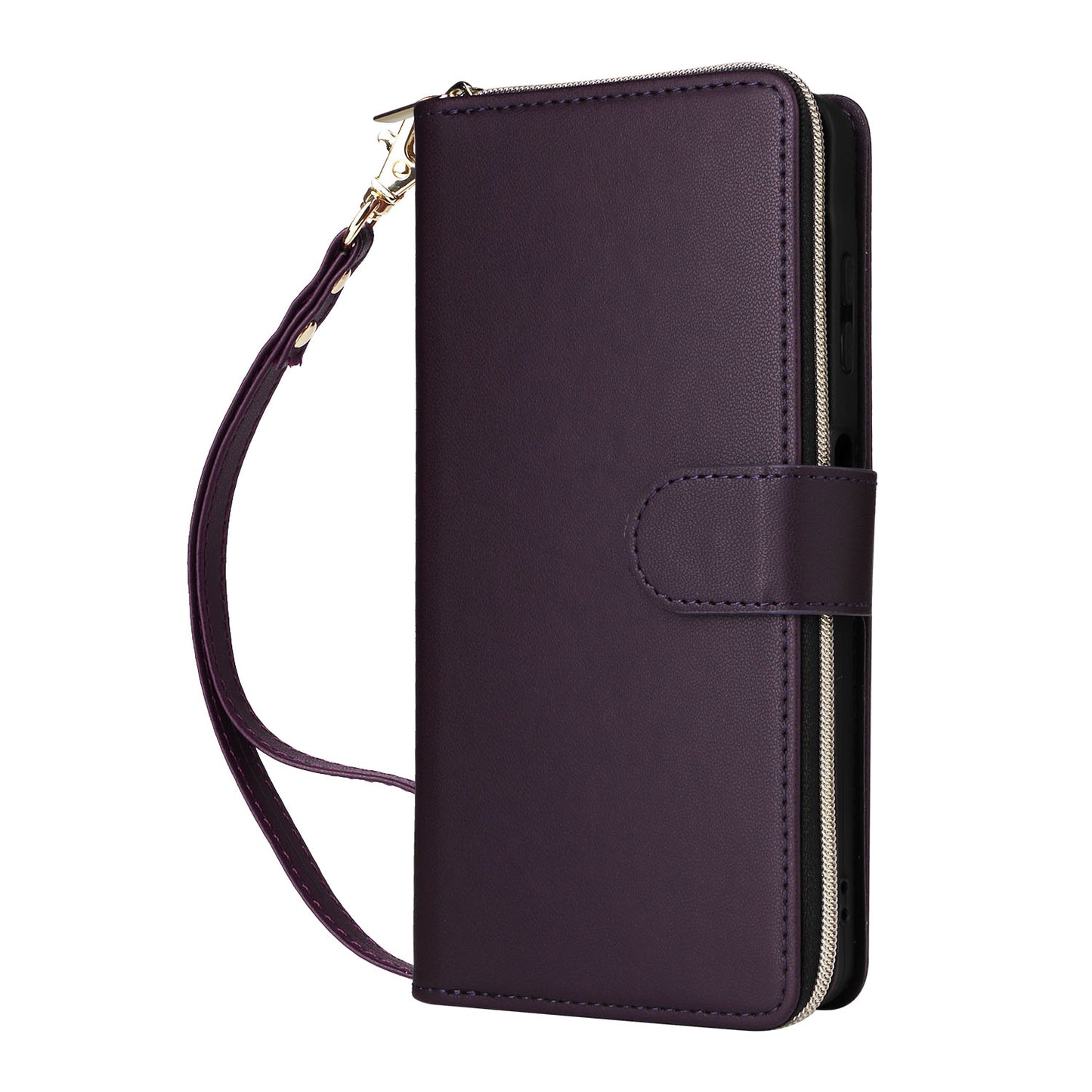 R20 For Samsung Galaxy A06 Case Zipper Pocket PU Leather Cover with 9 Card Slots - Dark Purple