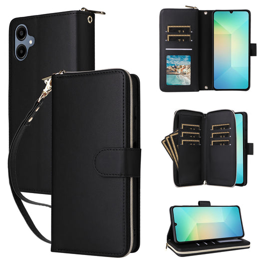 R20 For Samsung Galaxy A06 Case Zipper Pocket PU Leather Cover with 9 Card Slots - Black