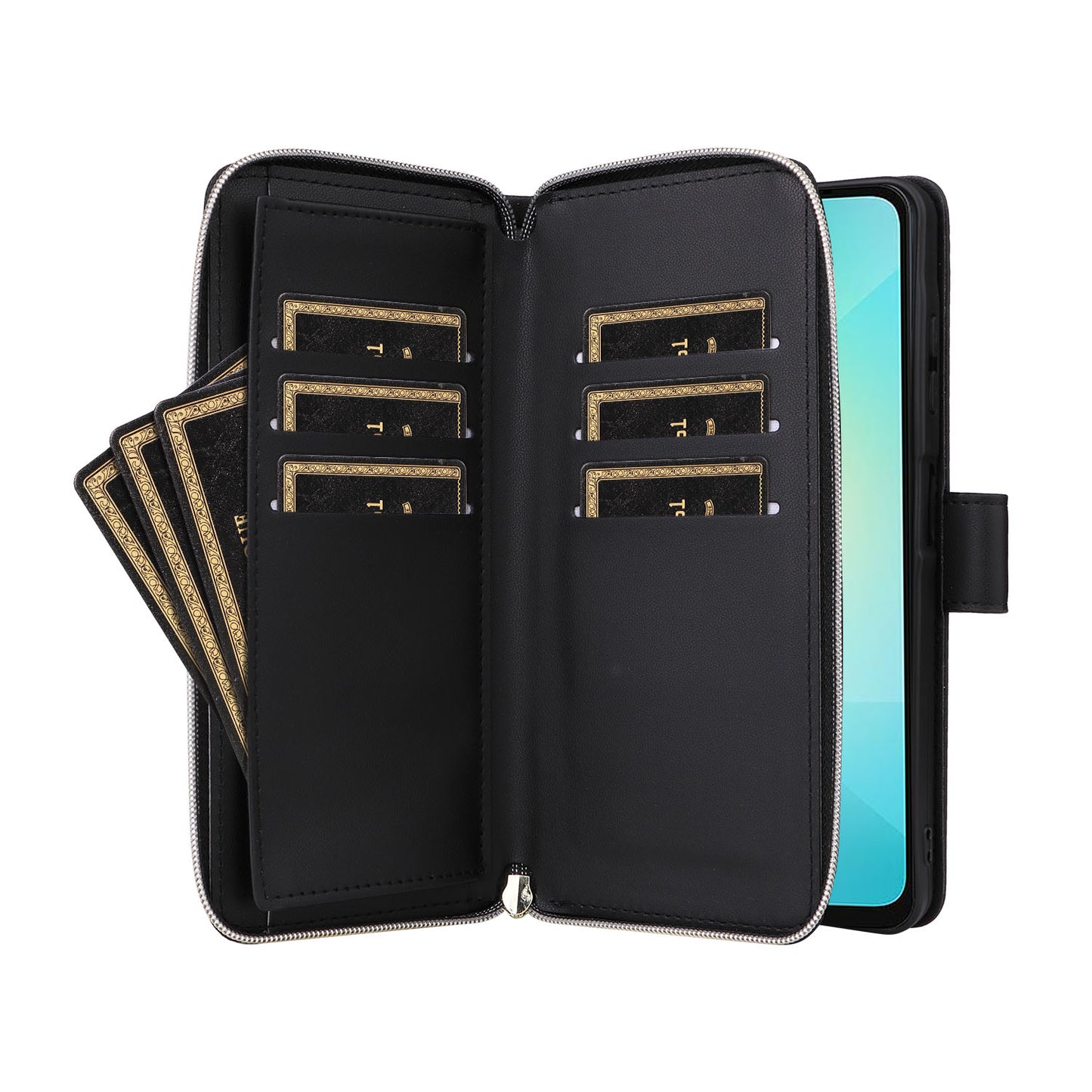 R20 For Samsung Galaxy A06 Case Zipper Pocket PU Leather Cover with 9 Card Slots - Black
