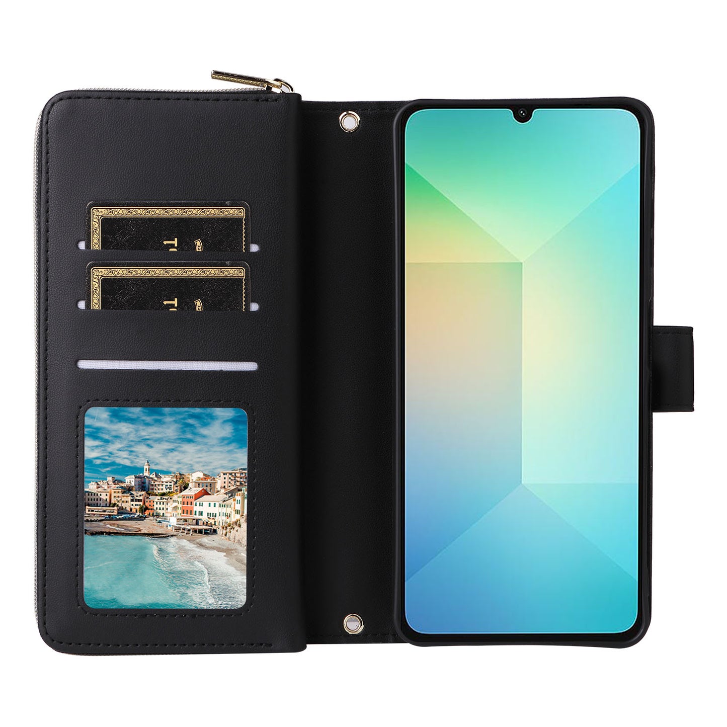 R20 For Samsung Galaxy A06 Case Zipper Pocket PU Leather Cover with 9 Card Slots - Black