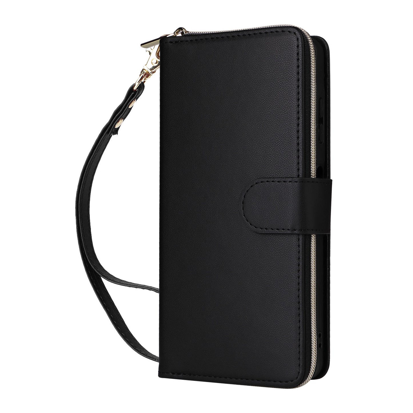 R20 For Samsung Galaxy A06 Case Zipper Pocket PU Leather Cover with 9 Card Slots - Black