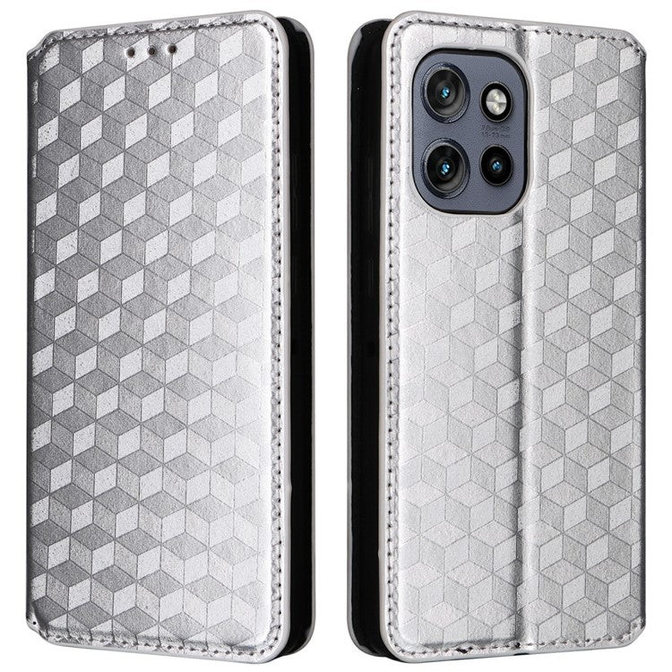 For Motorola Thinkphone 25 5G / Edge 50 Neo 5G / Moto S50 5G Wallet Case Rhombus Imprinted Leather Phone Cover - Silver