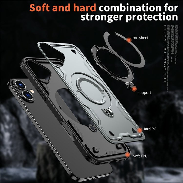 For iPhone 16 Case Compatible with MagSafe Military Protection PC+TPU Kickstand Phone Cover - Grey