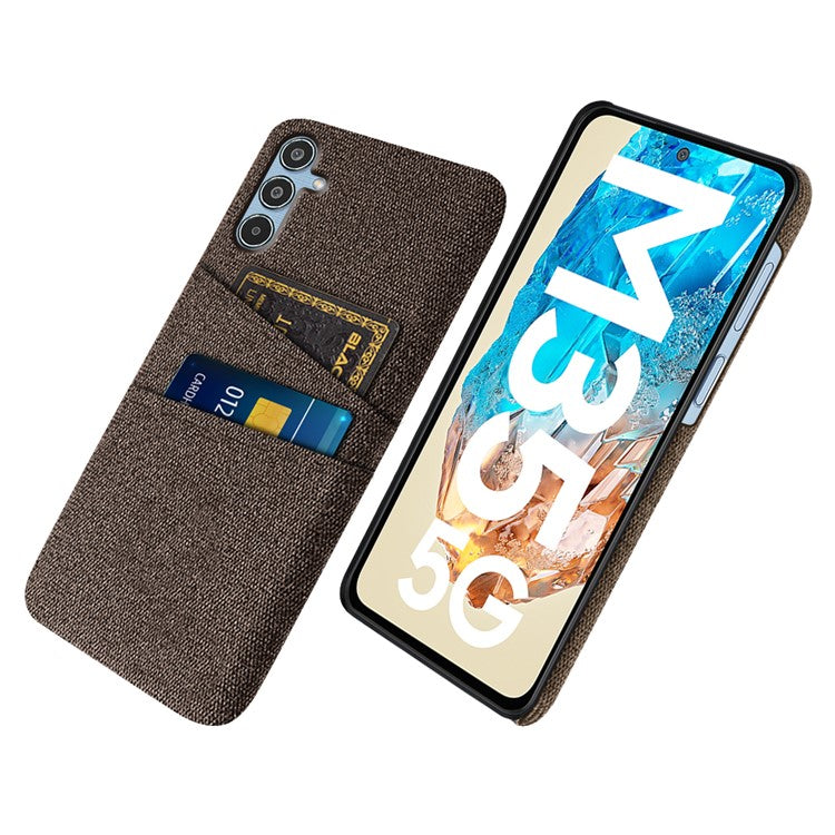 For Samsung Galaxy M35 5G Case Cloth + Hard PC Phone Cover with Dual Card Slots - Brown