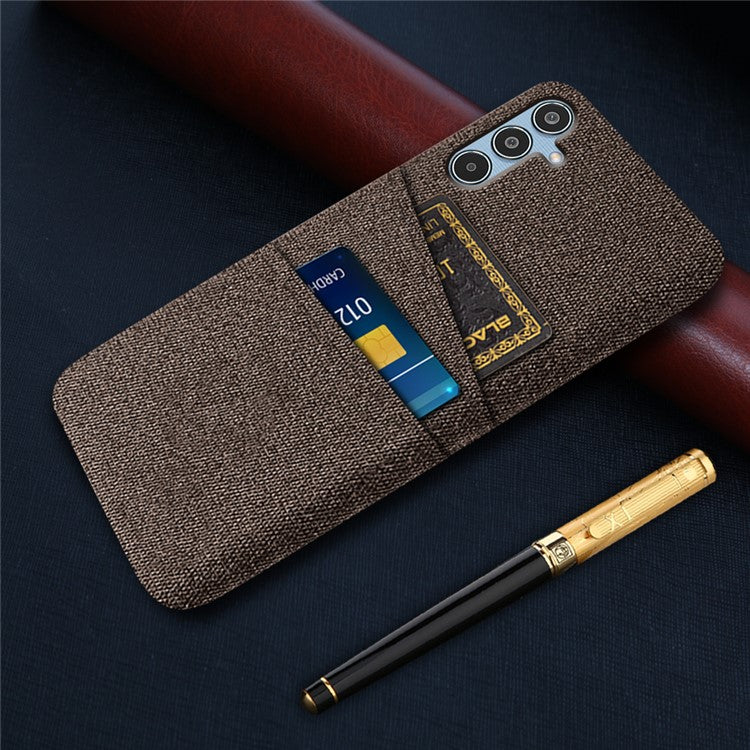 For Samsung Galaxy M35 5G Case Cloth + Hard PC Phone Cover with Dual Card Slots - Brown