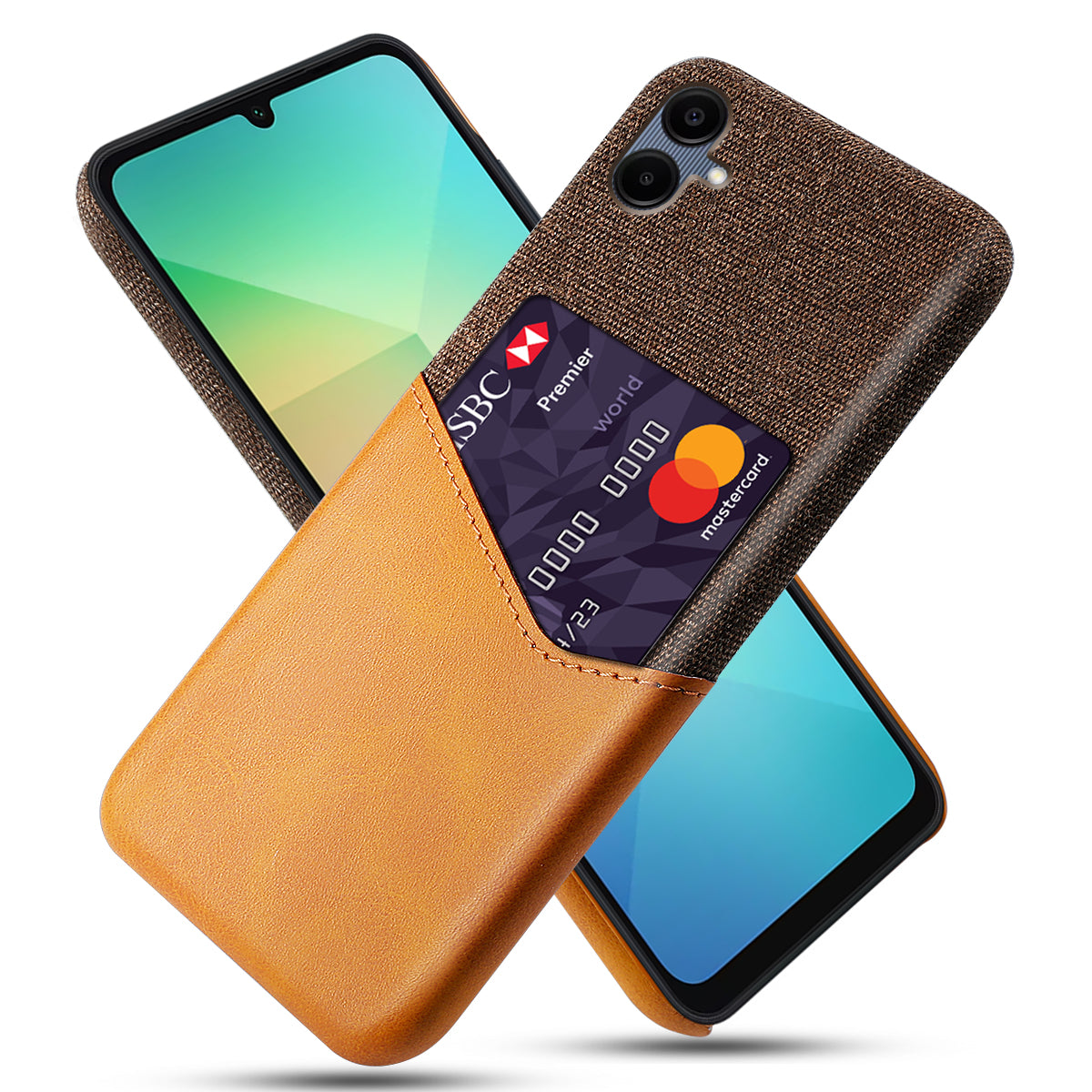 For Samsung Galaxy A06 Case Cloth Texture PU Leather Hard PC Card Slot Phone Cover - Orange