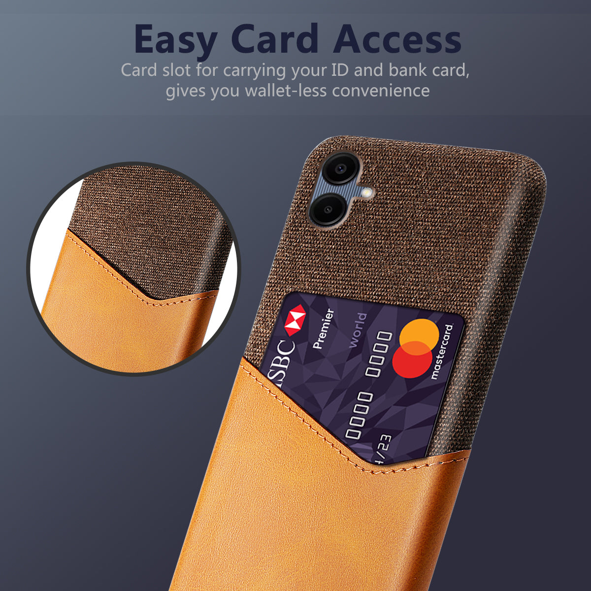 For Samsung Galaxy A06 Case Cloth Texture PU Leather Hard PC Card Slot Phone Cover - Orange