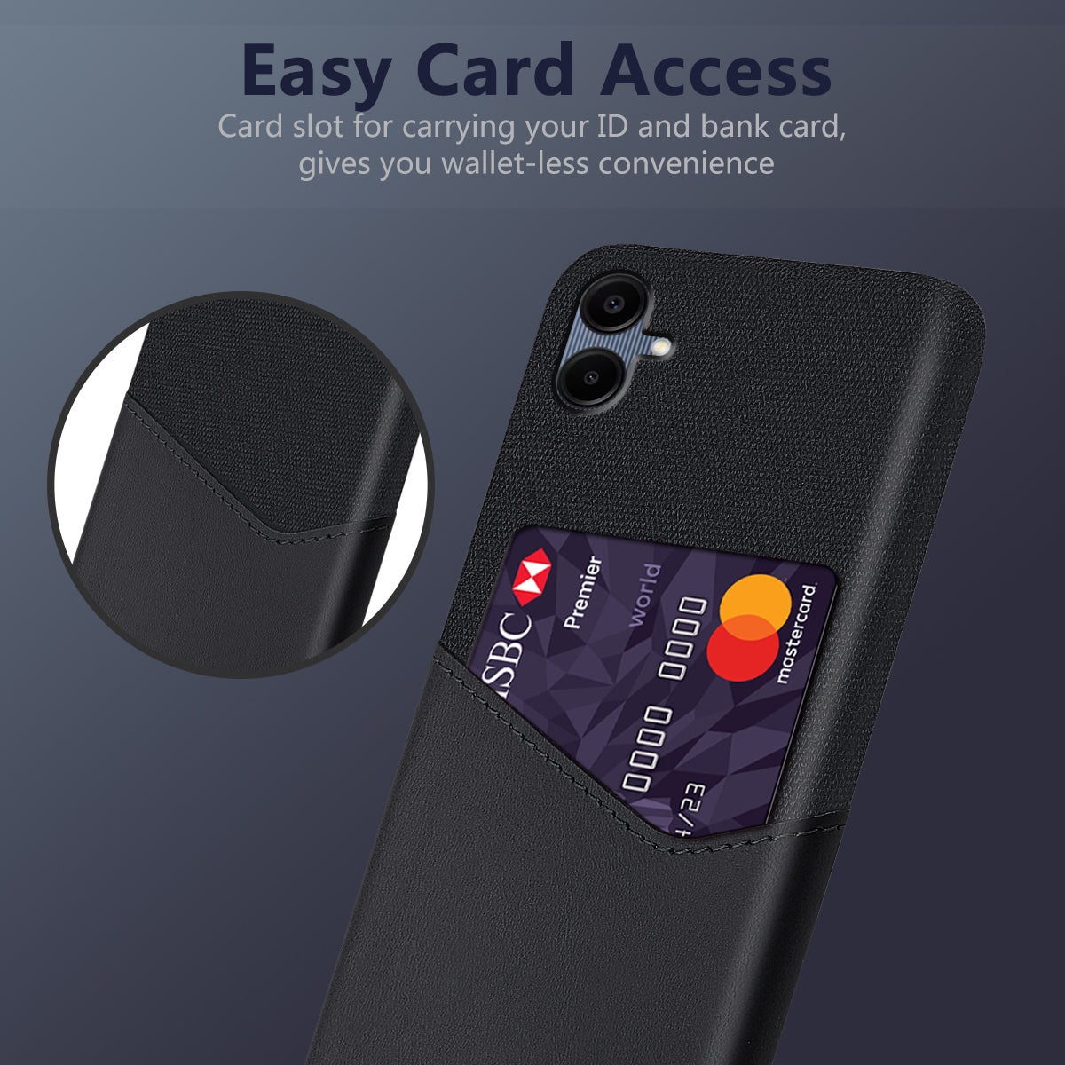 For Samsung Galaxy A06 Case Cloth Texture PU Leather Hard PC Card Slot Phone Cover - Black