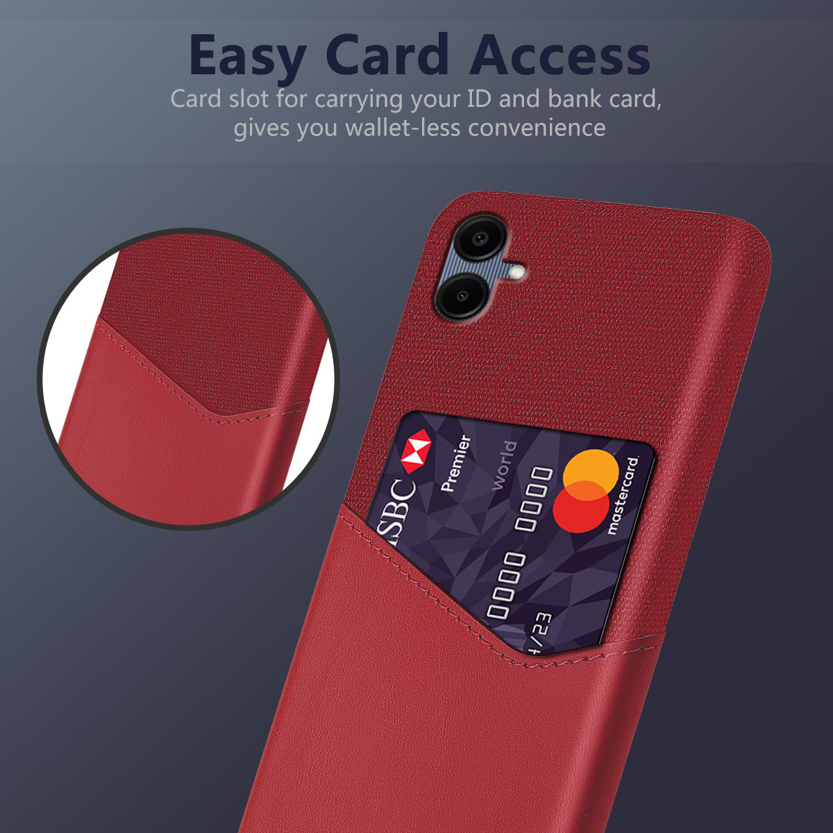 For Samsung Galaxy A06 Case Cloth Texture PU Leather Hard PC Card Slot Phone Cover - Red