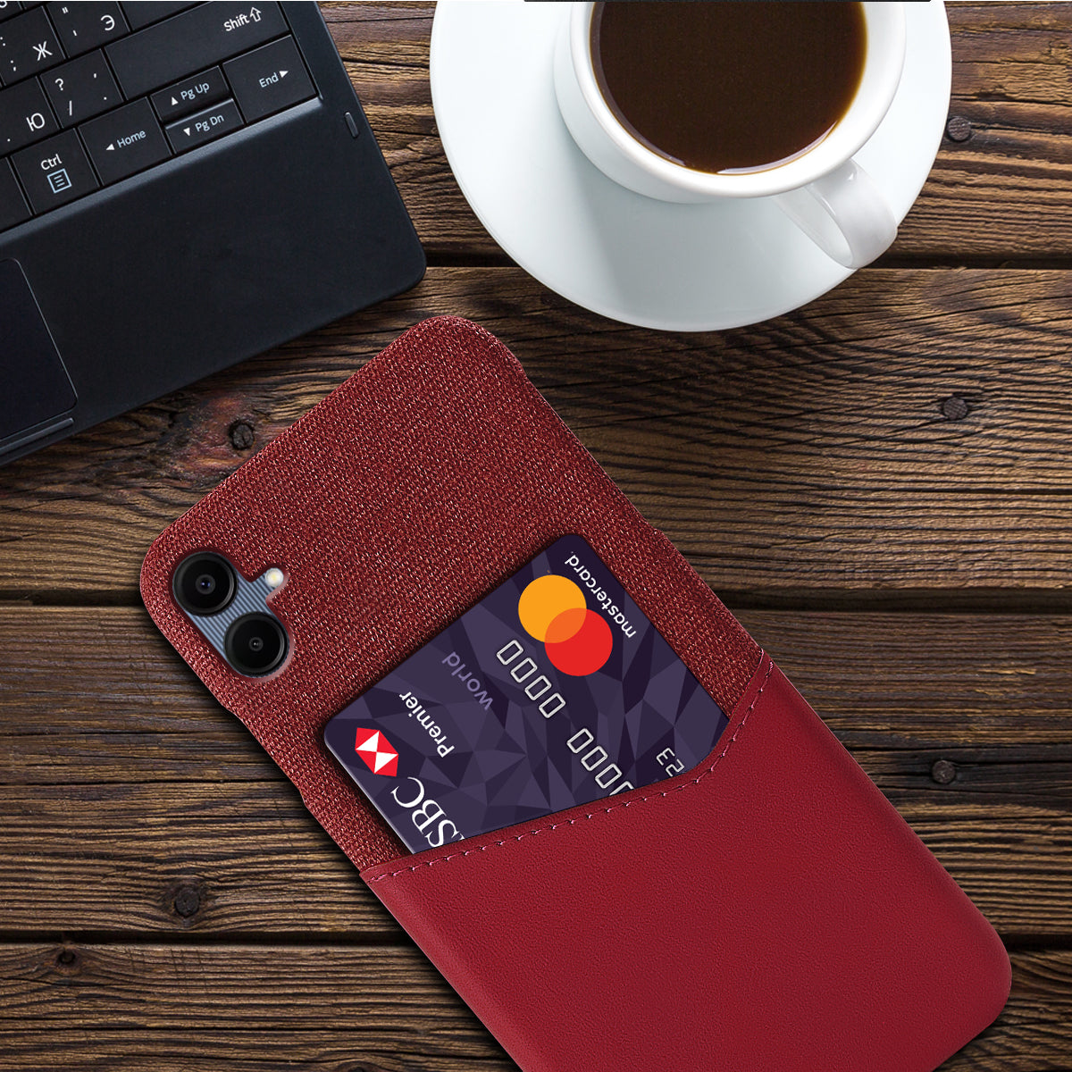 For Samsung Galaxy A06 Case Cloth Texture PU Leather Hard PC Card Slot Phone Cover - Red