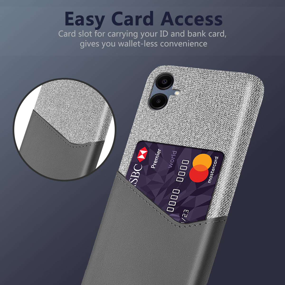 For Samsung Galaxy A06 Case Cloth Texture PU Leather Hard PC Card Slot Phone Cover - Grey