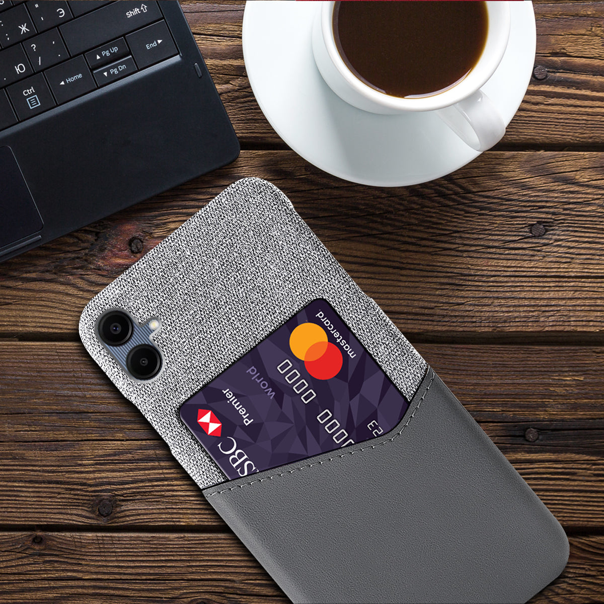 For Samsung Galaxy A06 Case Cloth Texture PU Leather Hard PC Card Slot Phone Cover - Grey