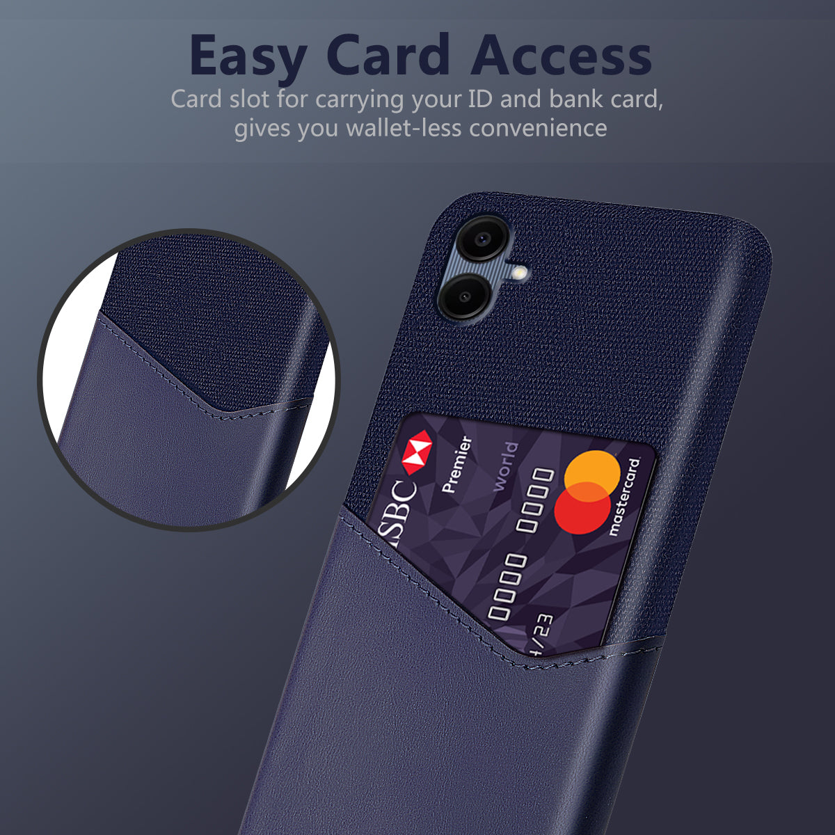 For Samsung Galaxy A06 Case Cloth Texture PU Leather Hard PC Card Slot Phone Cover - Blue