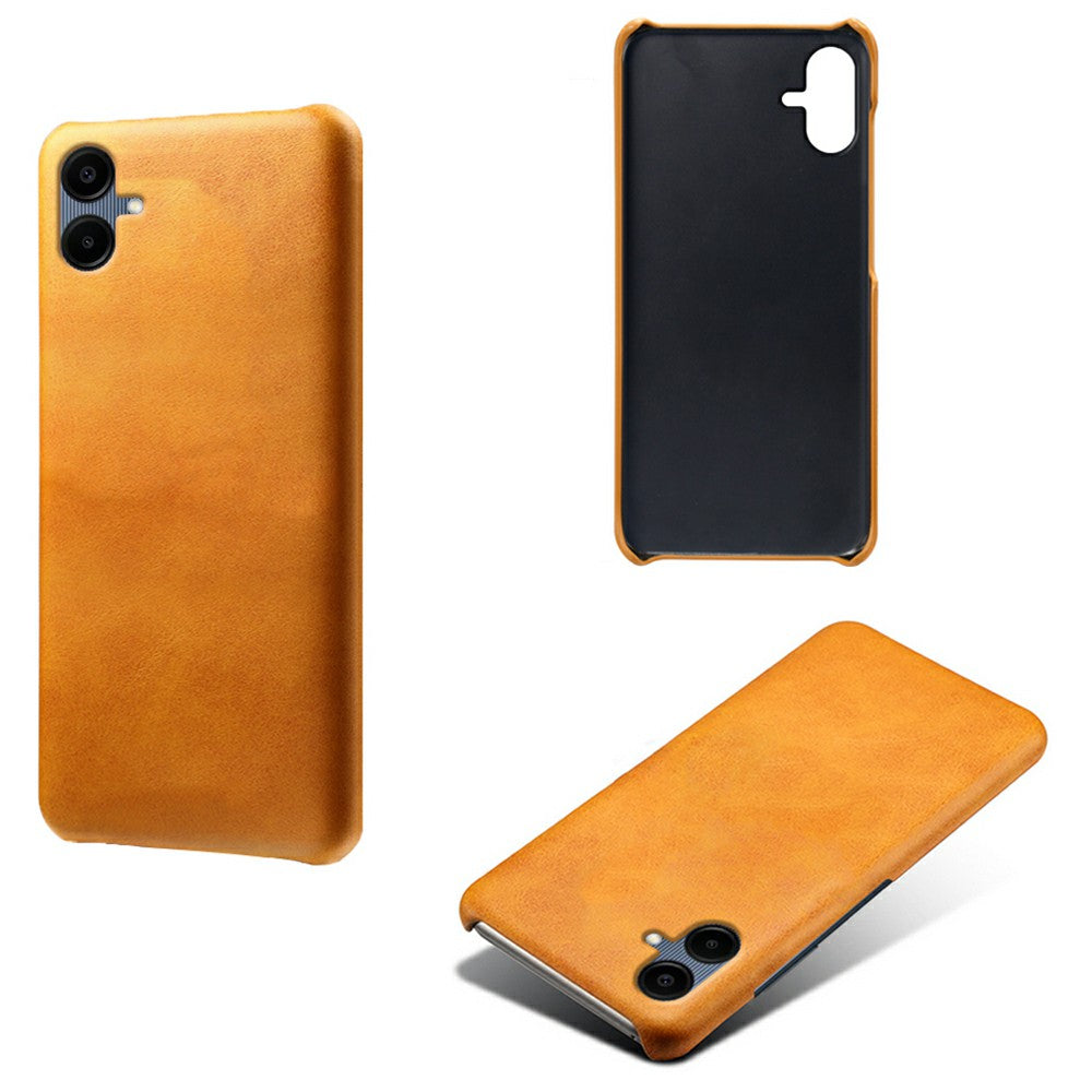 For Samsung Galaxy A06 Case Calf Texture PU Leather Hard PC Protective Phone Cover - Orange