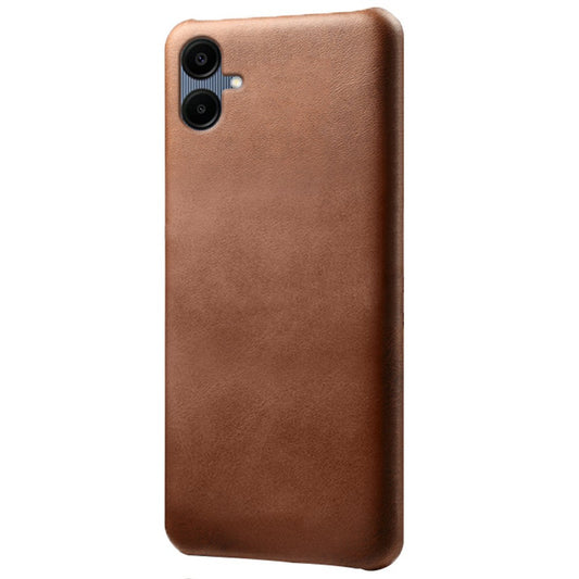 For Samsung Galaxy A06 Case Calf Texture PU Leather Hard PC Protective Phone Cover - Brown
