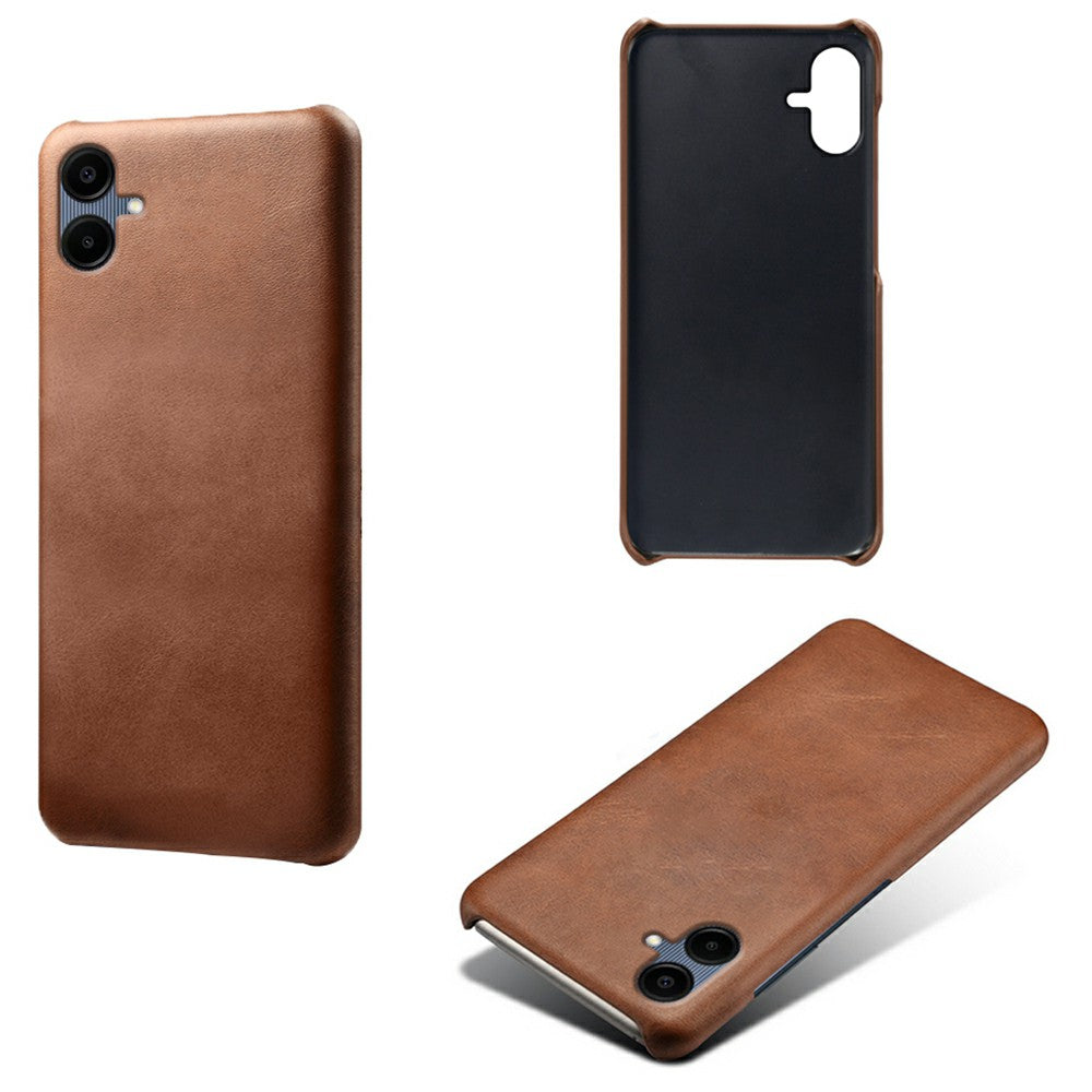 For Samsung Galaxy A06 Case Calf Texture PU Leather Hard PC Protective Phone Cover - Brown