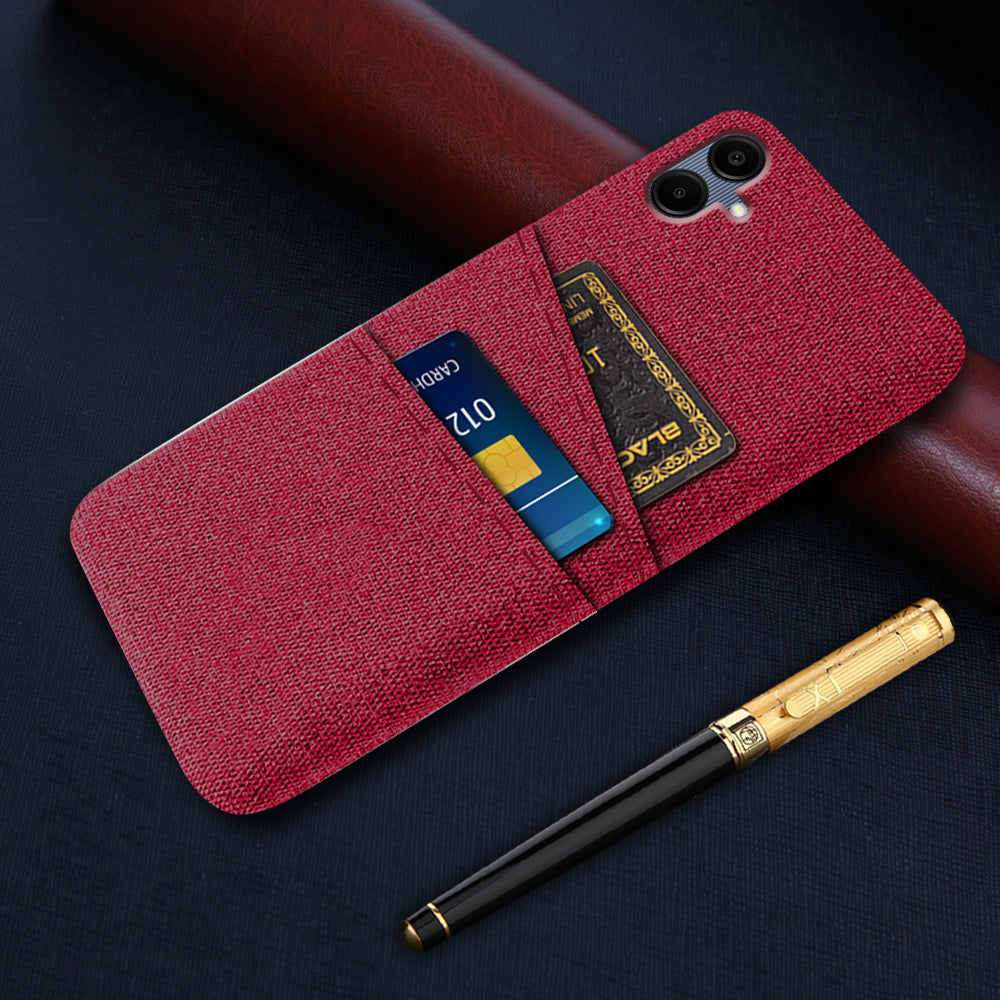 For Samsung Galaxy A06 Case Cloth + Hard PC Phone Cover with Dual Card Slots - Red