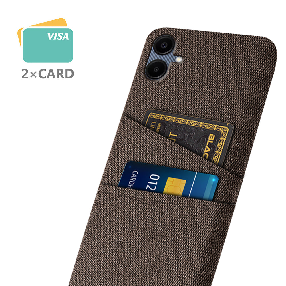 For Samsung Galaxy A06 Case Cloth + Hard PC Phone Cover with Dual Card Slots - Brown