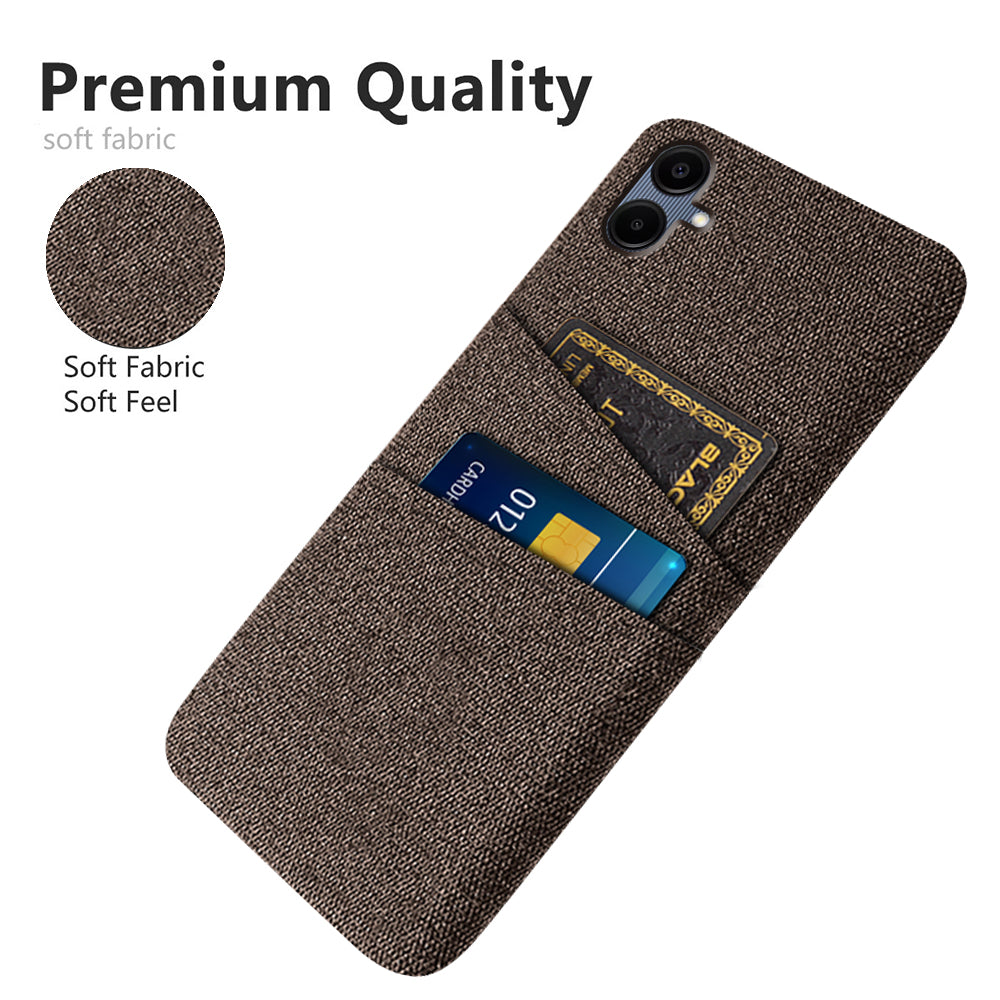 For Samsung Galaxy A06 Case Cloth + Hard PC Phone Cover with Dual Card Slots - Brown