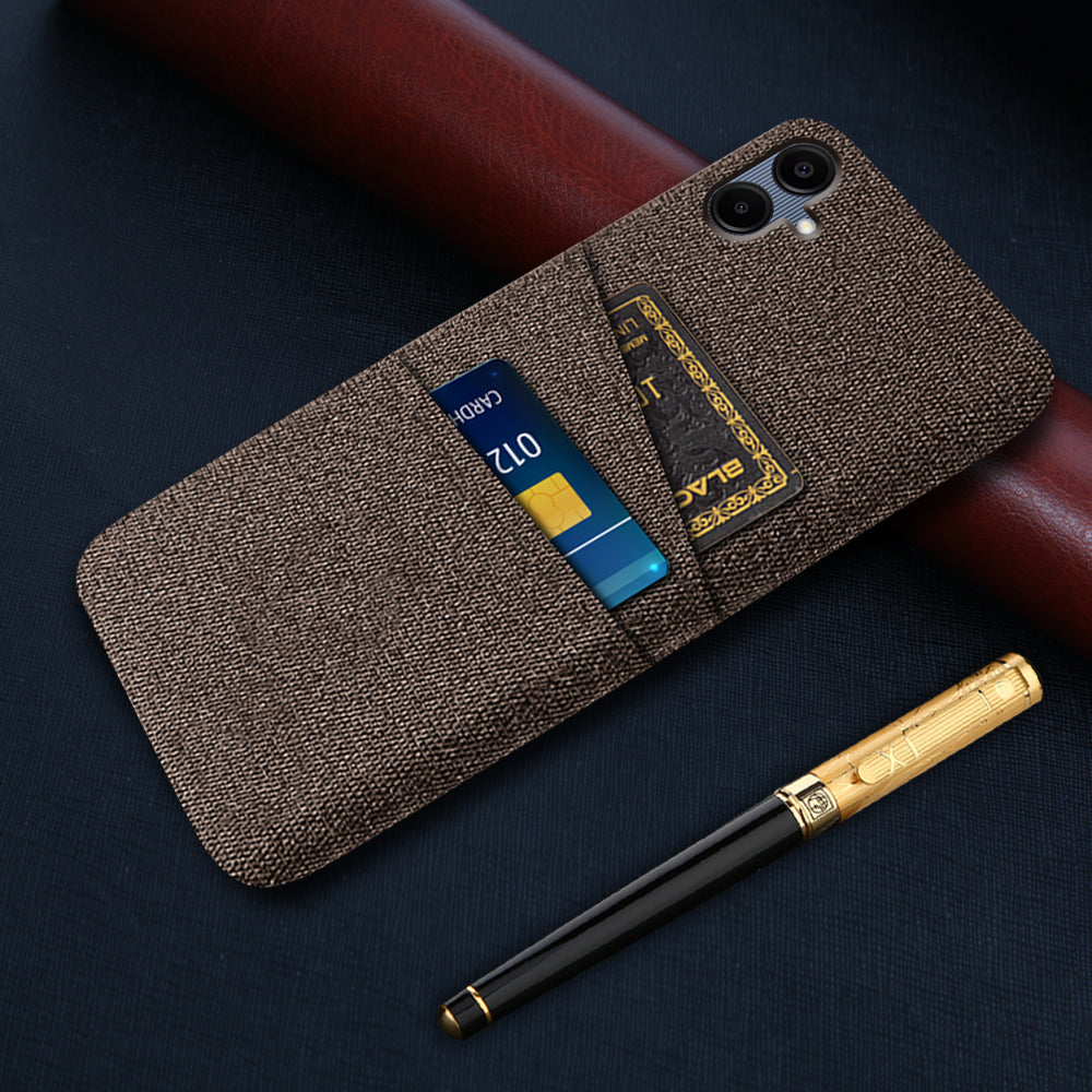 For Samsung Galaxy A06 Case Cloth + Hard PC Phone Cover with Dual Card Slots - Brown