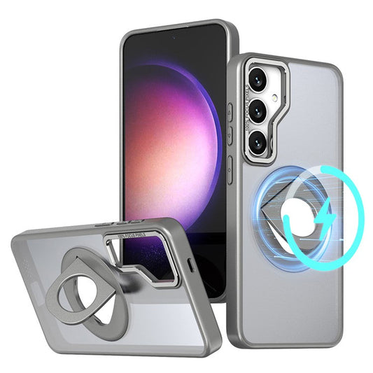 For Samsung Galaxy S24 Case Rotating Kickstand Acrylic+TPU Phone Cover Compatible with MagSafe - Titanium Grey
