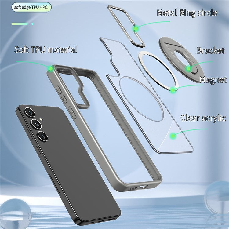 For Samsung Galaxy S24 Case Rotating Kickstand Acrylic+TPU Phone Cover Compatible with MagSafe - Titanium Grey