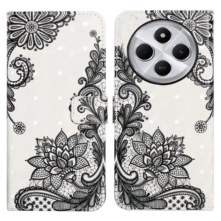 For Xiaomi Poco C75 4G / Redmi 14R 5G / 14C 4G Case 3D Creative Pattern PU Leather Stand Phone Cover - Lace Flower