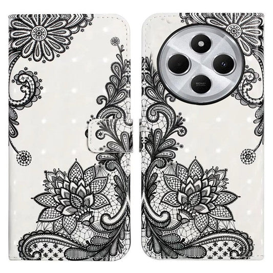 For Xiaomi Poco C75 4G / Redmi 14R 5G / 14C 4G Case 3D Creative Pattern PU Leather Stand Phone Cover - Lace Flower