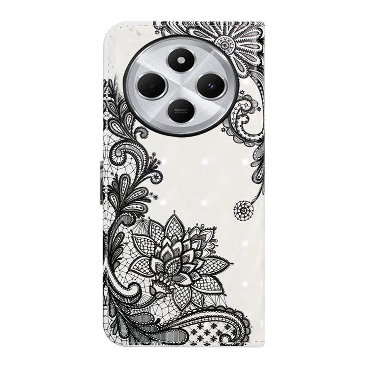 For Xiaomi Poco C75 4G / Redmi 14R 5G / 14C 4G Case 3D Creative Pattern PU Leather Stand Phone Cover - Lace Flower