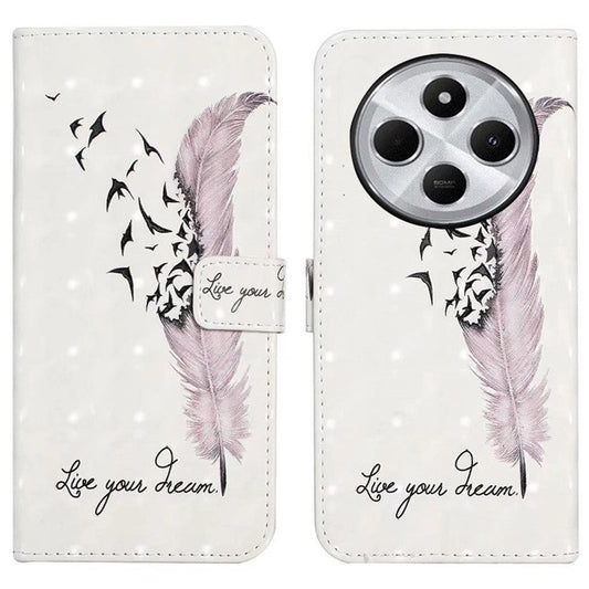For Xiaomi Poco C75 4G / Redmi 14R 5G / 14C 4G Case 3D Creative Pattern PU Leather Stand Phone Cover - Feather