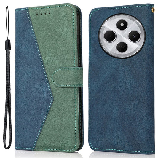 For Xiaomi Poco C75 4G / Redmi 14R 5G / 14C 4G Cover Color Splicing Wallet Stand Leather Phone Case with Wrist Strap - Blue+Green