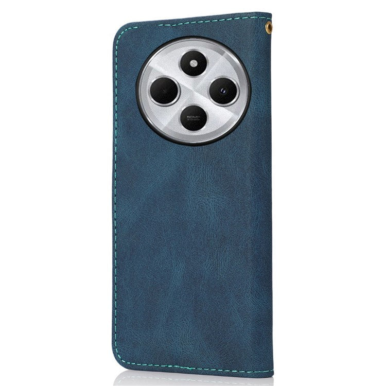 For Xiaomi Poco C75 4G / Redmi 14R 5G / 14C 4G Cover Color Splicing Wallet Stand Leather Phone Case with Wrist Strap - Blue+Green