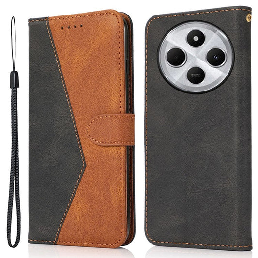 For Xiaomi Poco C75 4G / Redmi 14R 5G / 14C 4G Cover Color Splicing Wallet Stand Leather Phone Case with Wrist Strap - Black+Brown
