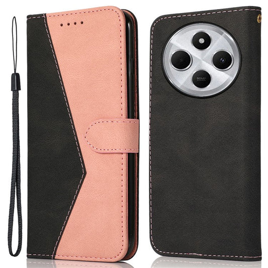 For Xiaomi Poco C75 4G / Redmi 14R 5G / 14C 4G Cover Color Splicing Wallet Stand Leather Phone Case with Wrist Strap - Black+Rose Gold