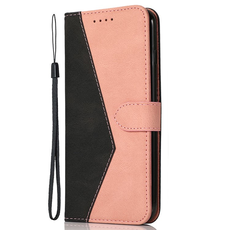 For Xiaomi Poco C75 4G / Redmi 14R 5G / 14C 4G Cover Color Splicing Wallet Stand Leather Phone Case with Wrist Strap - Black+Rose Gold
