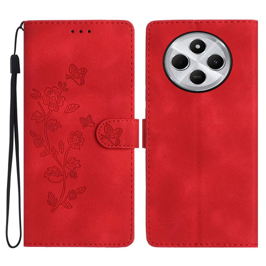 For Xiaomi Poco C75 4G / Redmi 14R 5G / 14C 4G Case Leather Imprinted Flower Phone Cover Wallet with Wrist Strap - Red