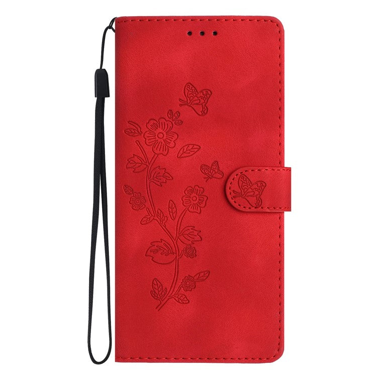 For Xiaomi Poco C75 4G / Redmi 14R 5G / 14C 4G Case Leather Imprinted Flower Phone Cover Wallet with Wrist Strap - Red