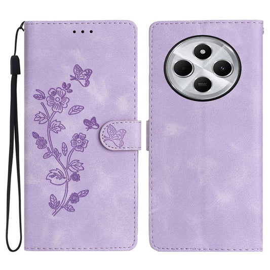 For Xiaomi Poco C75 4G / Redmi 14R 5G / 14C 4G Case Leather Imprinted Flower Phone Cover Wallet with Wrist Strap - Purple
