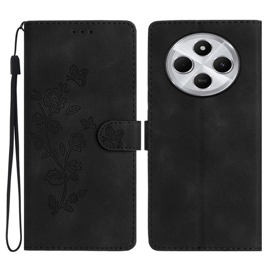 For Xiaomi Poco C75 4G / Redmi 14R 5G / 14C 4G Case Leather Imprinted Flower Phone Cover Wallet with Wrist Strap - Black