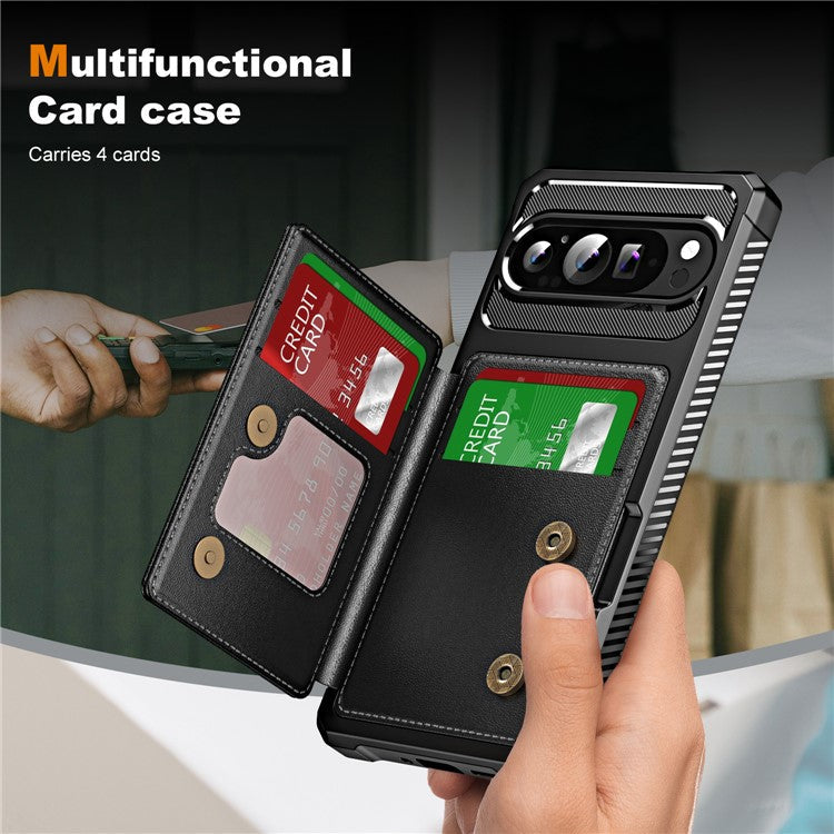 For Google Pixel 9 / Pixel 9 Pro Case Card Slot Kickstand Leather+TPU Reinforced Corner Phone Cover - Black