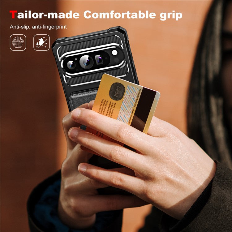 For Google Pixel 9 / Pixel 9 Pro Case Card Slot Kickstand Leather+TPU Reinforced Corner Phone Cover - Black