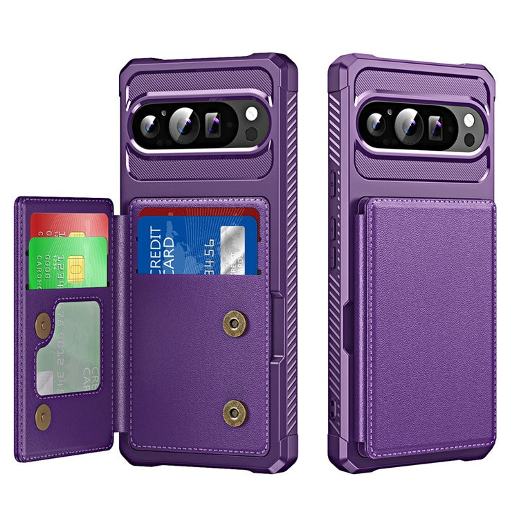 For Google Pixel 9 / Pixel 9 Pro Case Card Slot Kickstand Leather+TPU Reinforced Corner Phone Cover - Purple