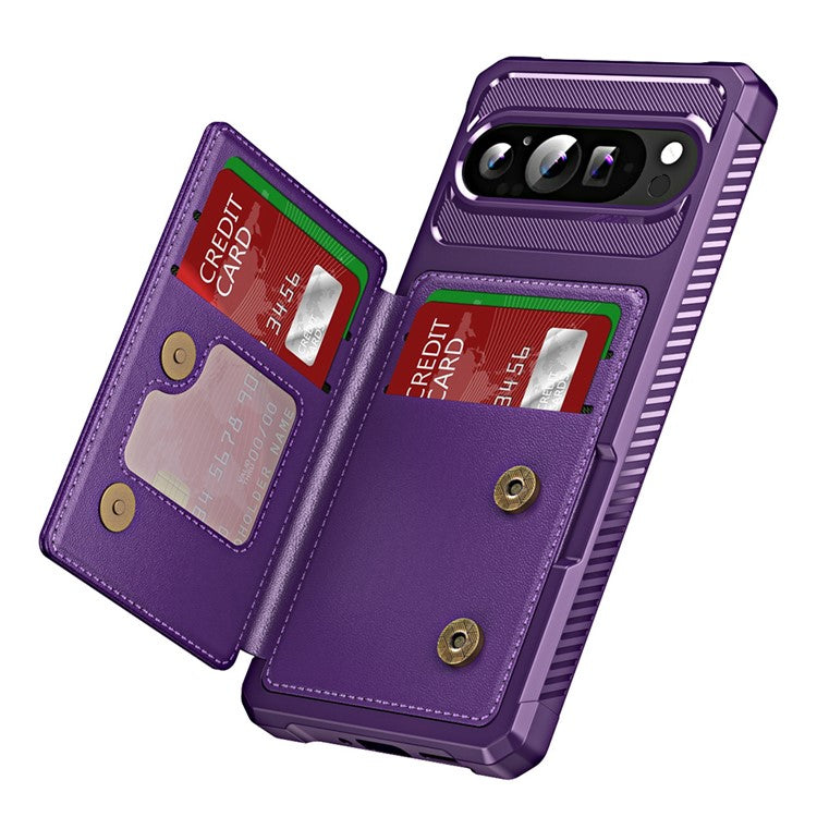 For Google Pixel 9 / Pixel 9 Pro Case Card Slot Kickstand Leather+TPU Reinforced Corner Phone Cover - Purple